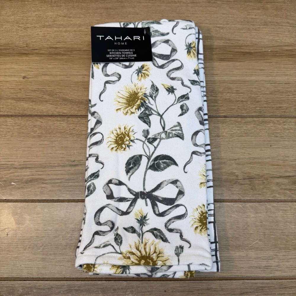 Tahari Home Kitchen Towels Black Yellow Gray Sunflower Bow Floral 3 Piece Cotton